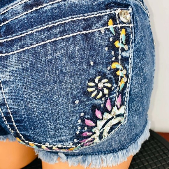 Miss Me 24 Signature Short Denim Hippie Peace Love Rhinestone Accented - Picture 6 of 10